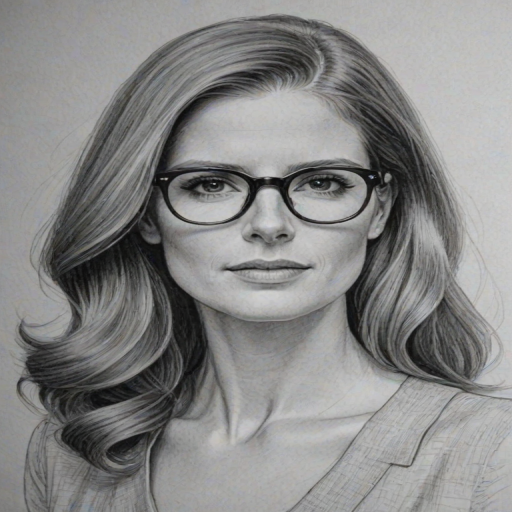 Gorgeous Sarah Rafferty, pencil sketch, portrait of Appealing woman 1942s in glasses, hair style beatnik, outline, clear lines, fine lines, 8k