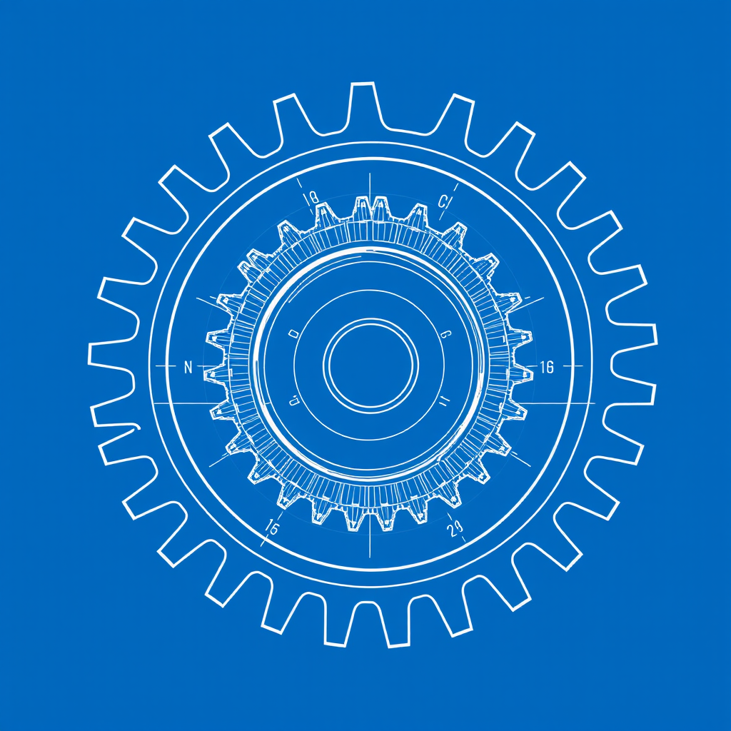 generate a detailed technical blueprint of a gear with intricate tooth design on a blue background, using a 50mm lens, f/8 aperture, 1/125s shutter speed, ISO 100, top-down view, digital illustration style, high resolution