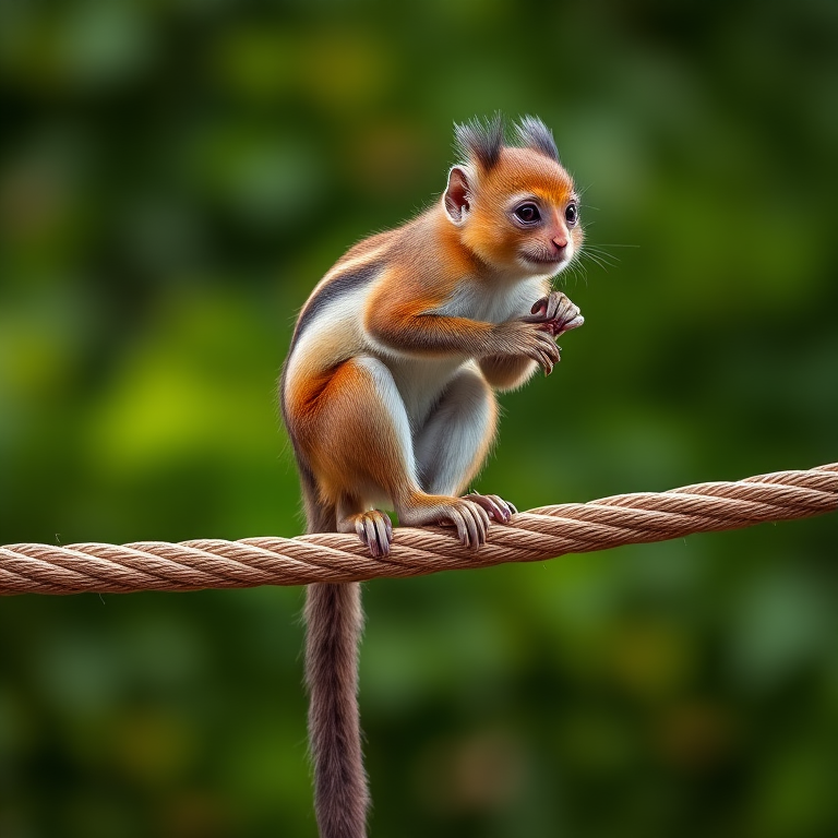 Squirrel monkey balancing on a thick rope over a blurred green background, shot with a Canon EOS 5D Mark IV, 50mm lens, f/2.8 aperture, ISO 200, 1/250 sec shutter speed, natural lighting, vibrant colors.