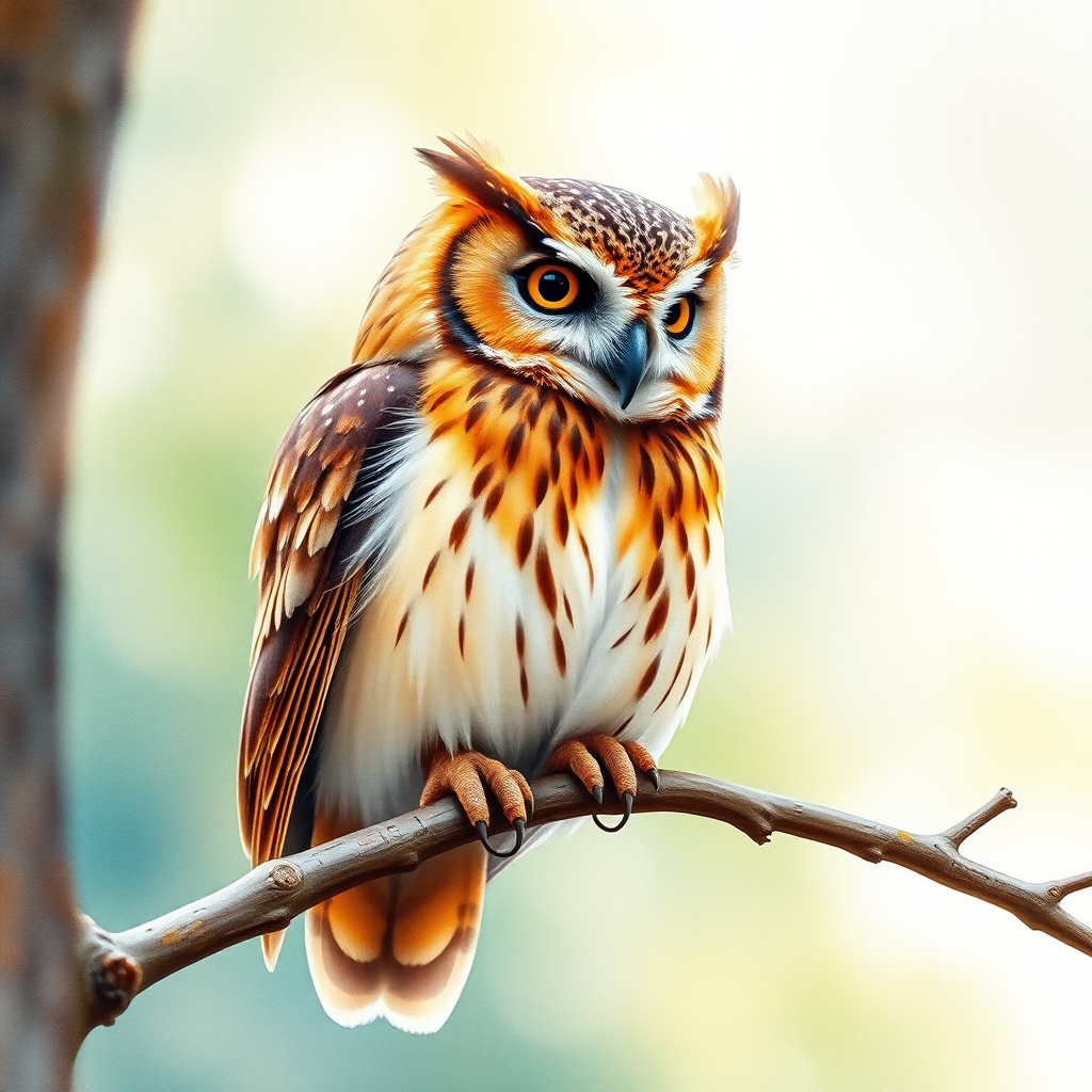 Create a high-resolution watercolor illustration of an owl perched on a branch with vibrant colors and soft textures, using a Canon EOS R5 with a 50mm f/1.2 lens, aperture set to f/2.8, ISO 100, shot in natural light from a slightly elevated angle to enhance depth and detail.