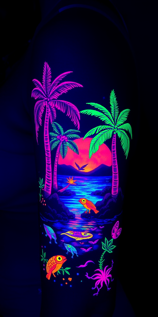 Neon blacklight tattoo called "Electric Oasis" depicting a vibrant tropical scene with glowing palm trees, bioluminescent creatures, and shimmering water, designed to come alive under UV light while remaining subtle in normal lighting conditions