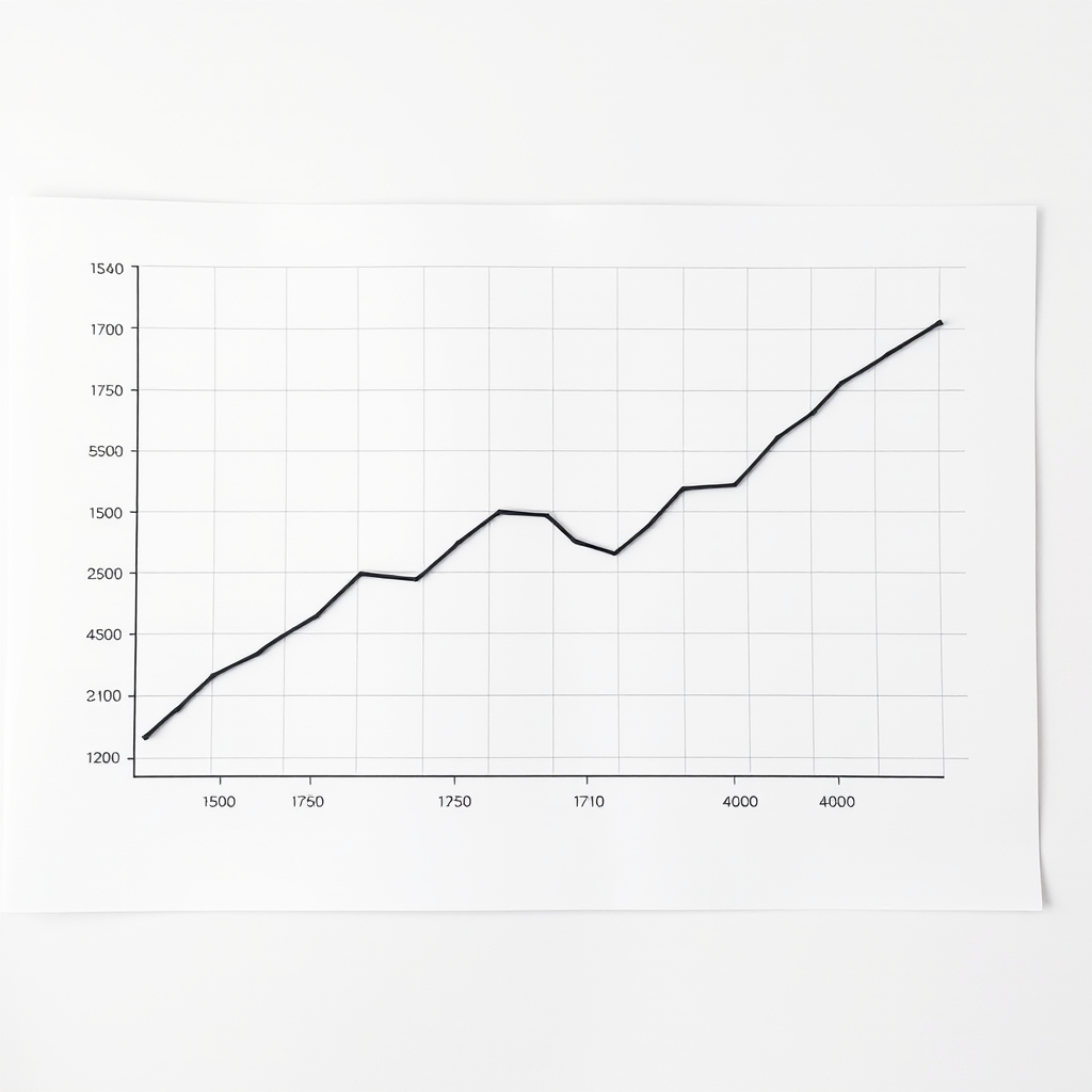 create a line graph showing a downward trend with vertical values ranging from 1500 to 1750, horizontal values from 0 to 4000, use a clean white background, add grid lines, camera type DSLR, camera style high dynamic range, aperture f/8, shutter speed 1/60s, ISO 200, shot from above at a slight angle to emphasize the graph's details