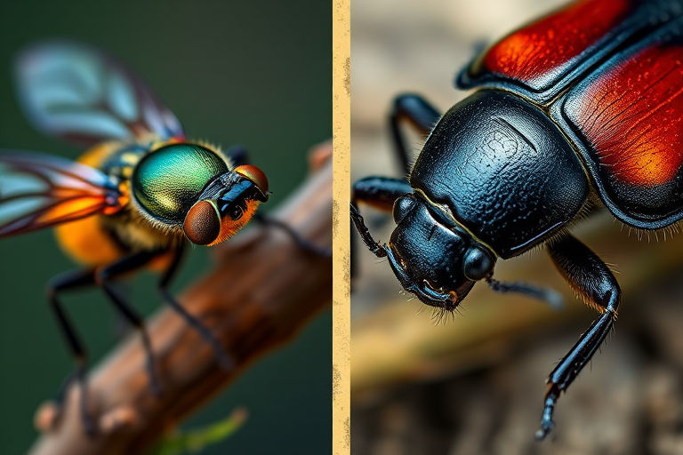 Create an illustration of a firefly and a beetle side by side, focus on vibrant colors and details, use a macro lens for close-up details, aperture set to f/2.8 for shallow depth of field, shot in natural lighting to enhance textures, rendered in a digital art style.