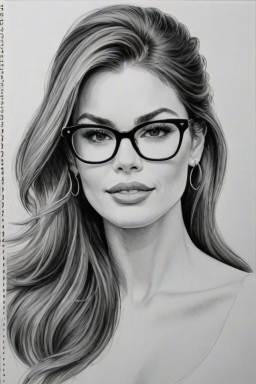 Alluring Sofia Vergara, pencil sketch, portrait of Enticing woman 1967s in glasses, hair style beatnik, outline, clear lines, fine lines, 8k
