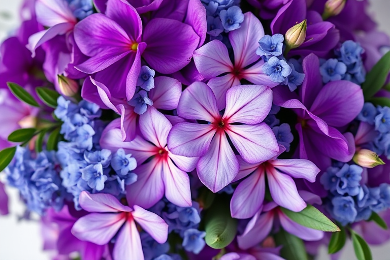 Create a vibrant floral arrangement with shades of purple and blue featuring blossoms and leaves, photographed with a DSLR camera at ISO 100, f/2.8 aperture, 50mm lens, in soft natural light and a shallow depth of field for enhanced detail and clarity.