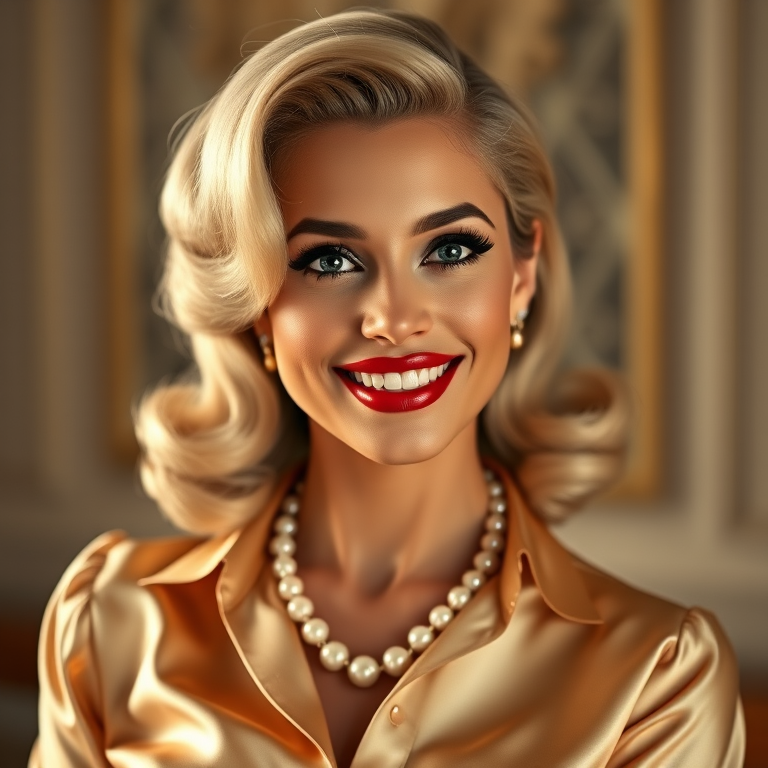 A beautiful Latino woman reminiscent of 1950s Hollywood glamour, with perfectly styled blonde hair and a seductive smile, dressed in a satin blouse and adorned with pearls, soft and warm tones, photorealistic, 8K