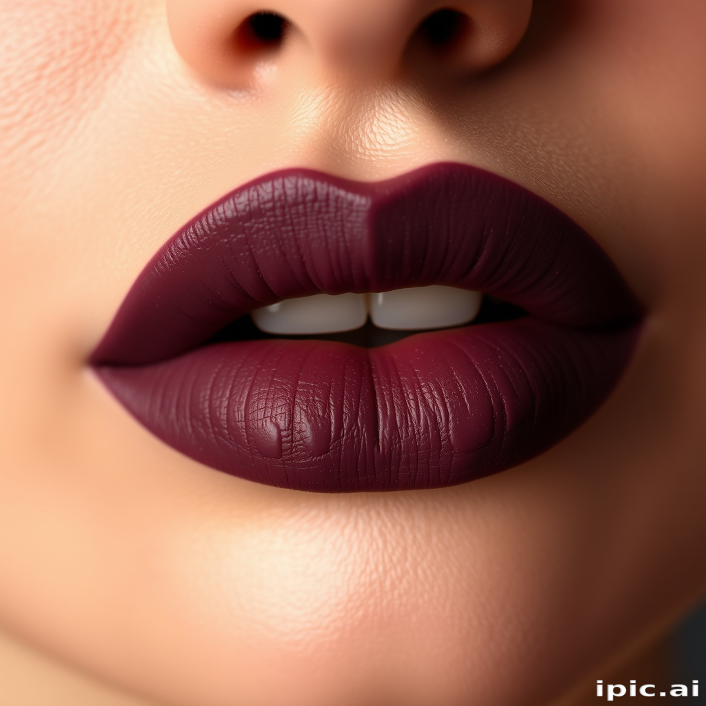 Sultry matte mauve lips with a velvety appearance, slightly parted to reveal a hint of teeth, exuding elegance and sophistication