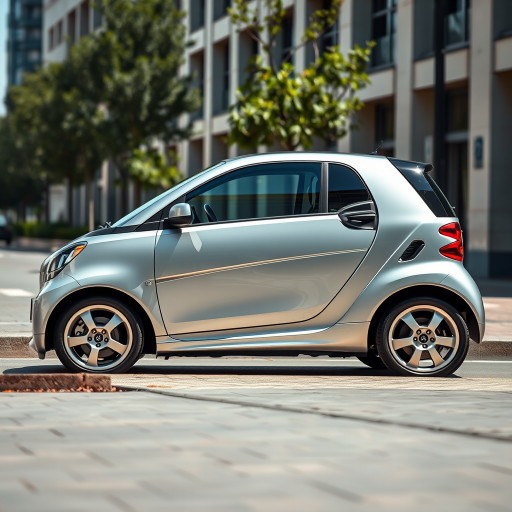 A sleek silver compact car parked in a well-lit urban environment, captured with a DSLR camera at 35mm focal length, aperture f/4.5, ISO 200, shot from a low angle to emphasize the modern design, natural sunlight for enhanced details.