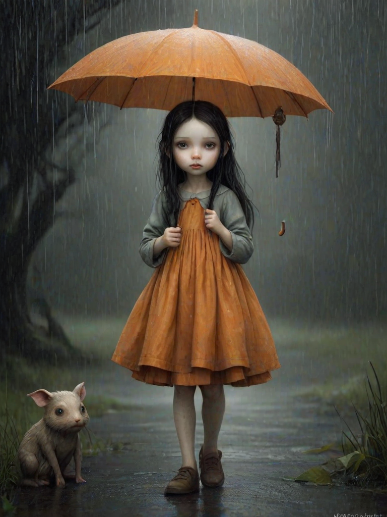 An eerie, weird little girl with dark hair in thin pigtails, wearing a smock dress, standing in the rain, holding a dirty orange umbrella, a small, odd creature beside her. In a surreal style inspired by Nicoletta Ceccoli and Brian Froud. Dark fantasy themes