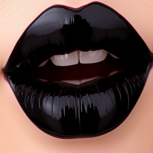 Glossy black cherry lips dubbed "Midnight Velvet" offer a deep, sultry look with a high-shine finish, ideal for gothic and edgy fashion enthusiasts