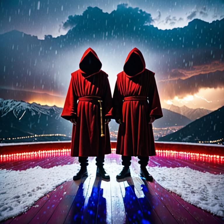 two hooded medieval monks  in red robes  facing the camera whose faces are obscured in shadow with majestic snow-capped majestic alps with no city lights in the background in and thunder storm in background standing on brightly colored illuminated disco dance floor