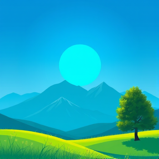 Create a vibrant landscape illustration with a bright blue sun, stylized mountains in shades of teal, and a green tree, using a DSLR camera with a 50mm lens, f/2.8 aperture, ISO 100, at a low angle view for enhanced depth and clarity.