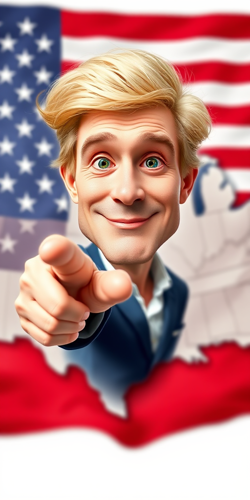 Generate an image of a caricature of a man with blond hair pointing forward in front of a U.S. map filled with the American flag, shot with a DSLR camera at f/8 aperture, ISO 100, 50mm lens, taken from a 45-degree angle with bright studio lighting for vibrant colors.