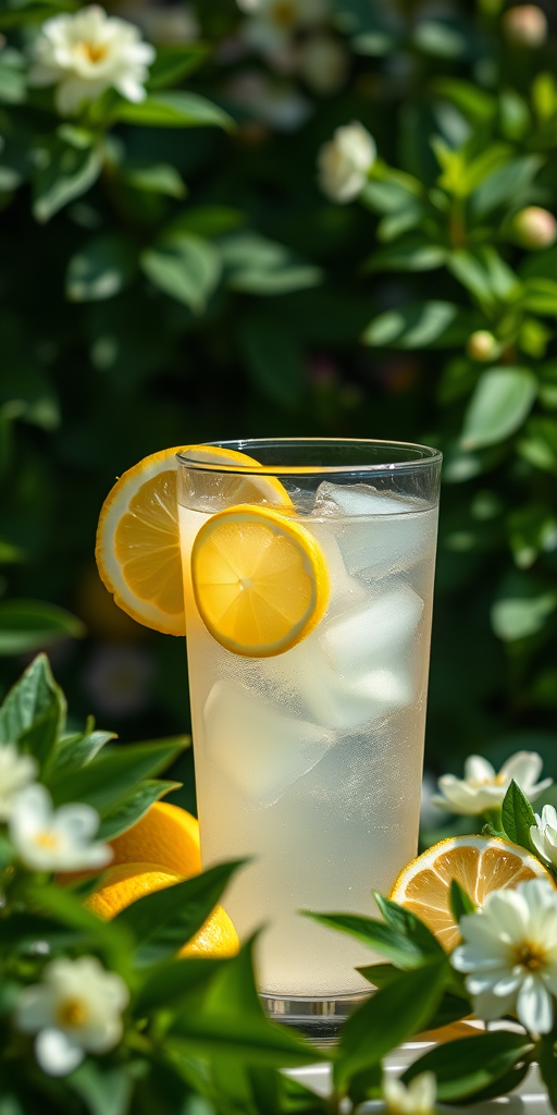 A refreshing glass of lemonade with ice cubes and lemon slices surrounded by lush green leaves and flowers, captured in soft sunlight, shot with a Canon EOS R5 at 50mm f/1.8, ISO 100, shutter speed 1/200s, using a macro lens for enhanced detail and clarity.