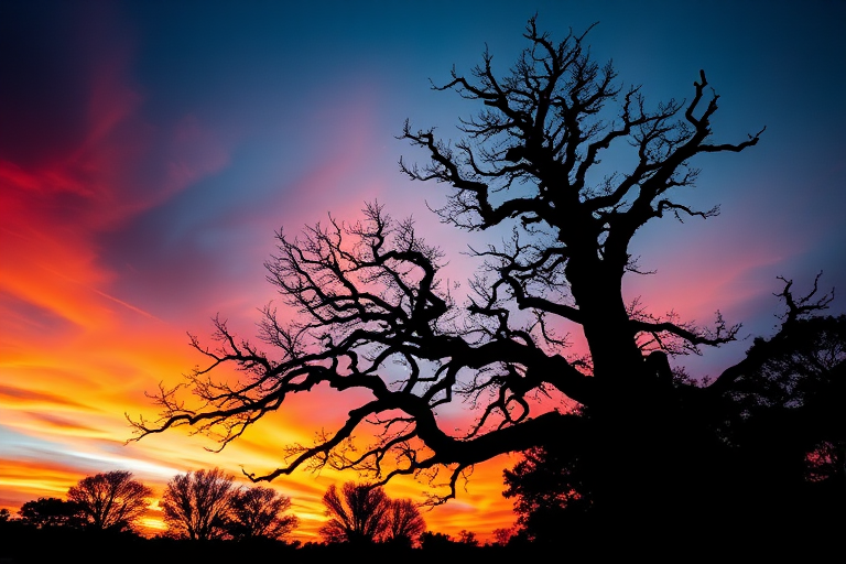 Capture an abstract silhouette of a tree against a vibrant sunset background, shot with a Canon EOS R5, 50mm lens, f/1.8 aperture, ISO 100, at a 1/200 second shutter speed from a low angle to emphasize the tree's stature and the vivid colors of the sky.