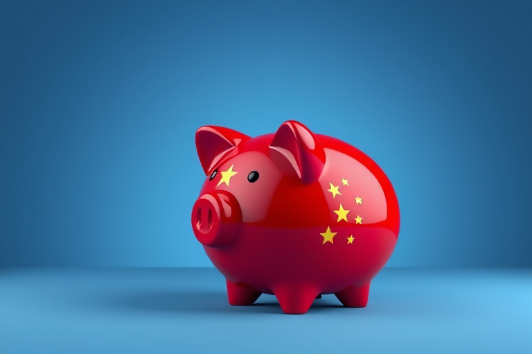 create a highly detailed 3D rendering of a glossy red piggy bank with the Chinese flag design on it, positioned centrally against a smooth blue gradient background, using a Canon EOS R5 camera with a 50mm f/1.2 lens, aperture set to f/8 for sharpness, ISO 100, and a soft diffused lighting setup to enhance reflections and textures