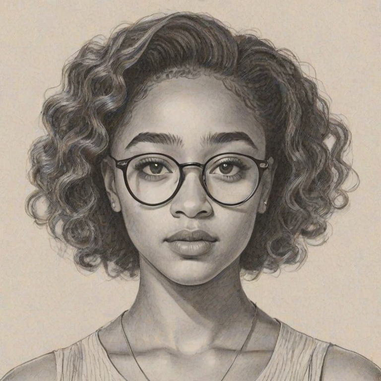 Charming Amandla Stenberg, pencil sketch, portrait of Charming woman 1964s in glasses, hair style beatnik, outline, clear lines, fine lines, 8k