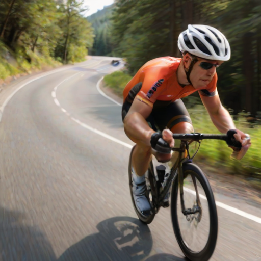 Blurry action shot of a cyclist racing down a winding mountain road, intense focus on their face, sunlight reflecting off their helmet, distant mountains stretching into the horizon, soft breeze rustling the trees as they speed by.
