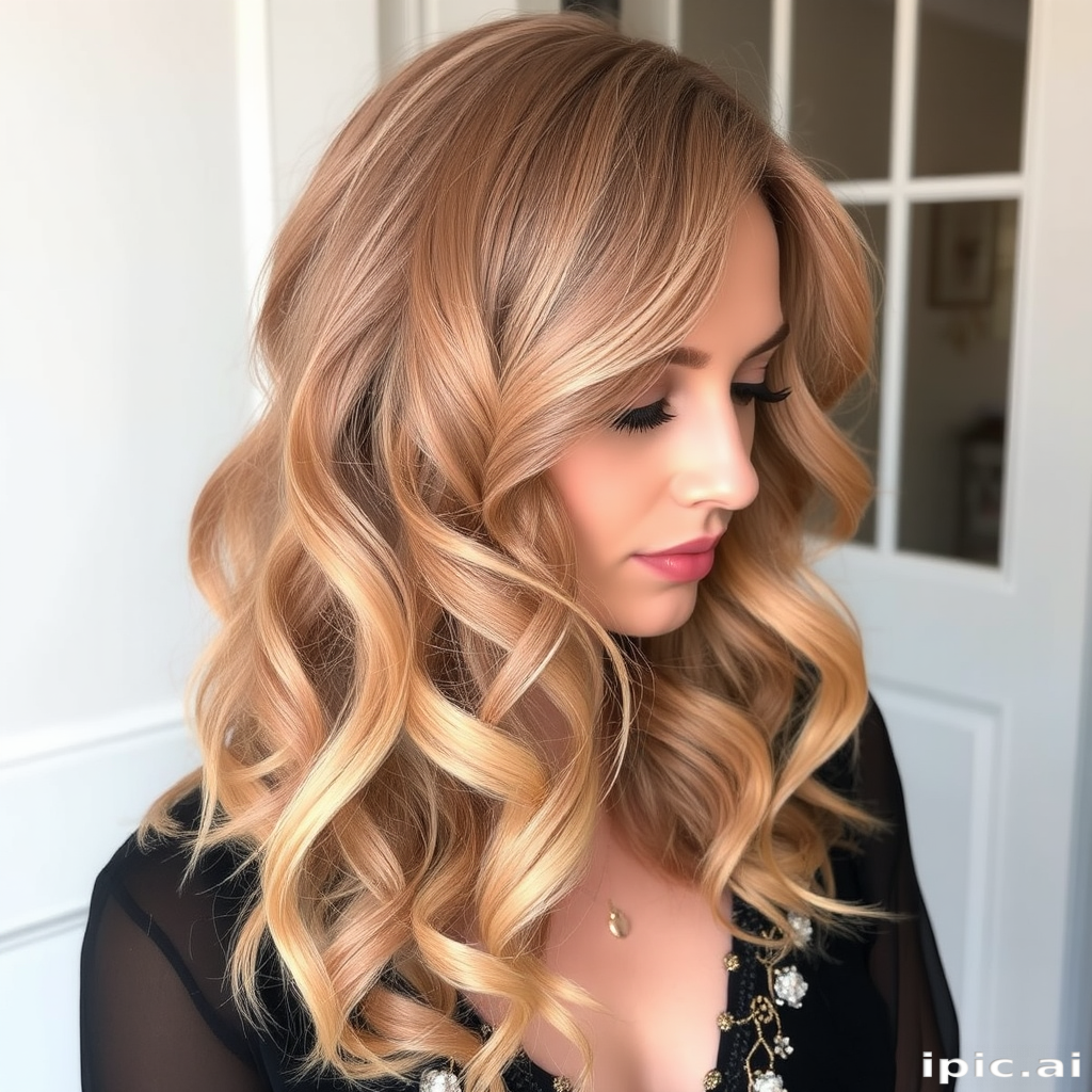 Romantic rose gold hair in loose vintage-inspired curls, designed by Blush Petal, showcasing a soft, feminine look with delicate pearl accents and subtle champagne blonde highlights