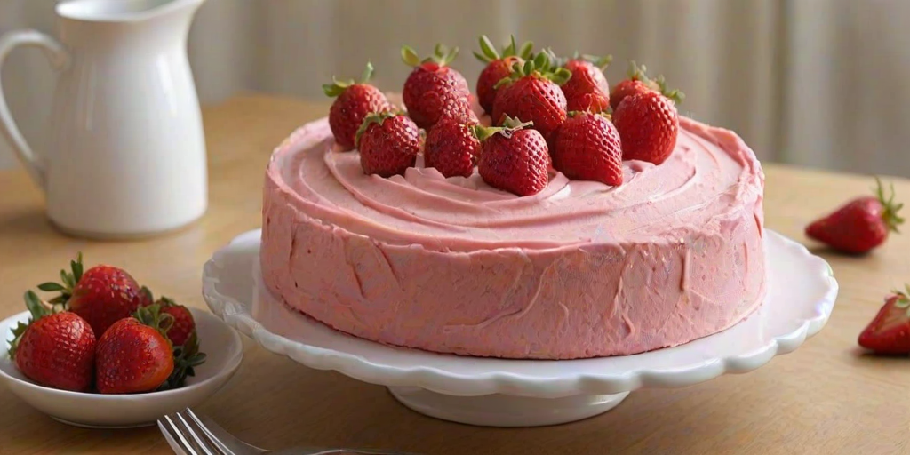 Create an image of a round cake with a smooth pink frosting. The top of the cake should be decorated with a swirl of frosting and fresh strawberries placed artistically on top. The sides of the cake should also have a decorative border of frosting. In the background, include a small bowl of whole strawberries.