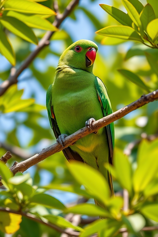 Regenerate an image of a green parrot perched on a tree branch surrounded by green leaves under bright daylight, camera settings: ISO 200, aperture f/4, shutter speed 1/500s, view: close-up, style: high definition, type: DSLR.