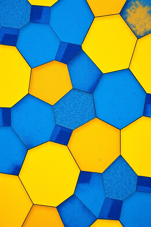 Generate a high-resolution image of a colorful hexagonal pattern with blue and yellow hexagons, focused view, using a DSLR camera with a 50mm lens, aperture set to f/2.8, ISO 100, and 1/200 second shutter speed for enhanced clarity and depth.
