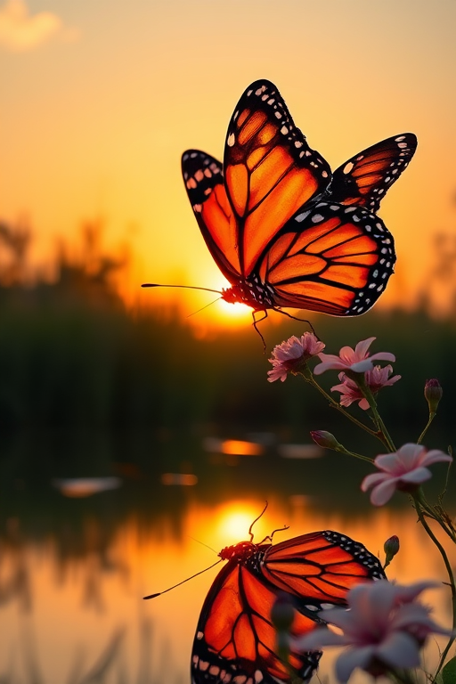 Generate an image of a butterfly with vibrant orange and black wings perched by a serene pond at sunset. The sun is setting in the background, casting a warm glow. The butterfly's reflection is visible in the still water, surrounded by soft flowers. The atmosphere is tranquil and enchanting, capturing the beauty of nature at dusk.