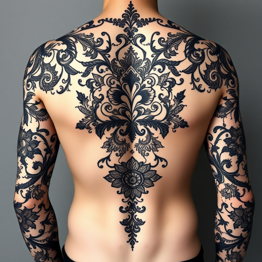 Ornamental blackwork tattoo showcasing intricate lace-like patterns and delicate filigree designs, forming a stunning full-body suit with strategically placed negative space