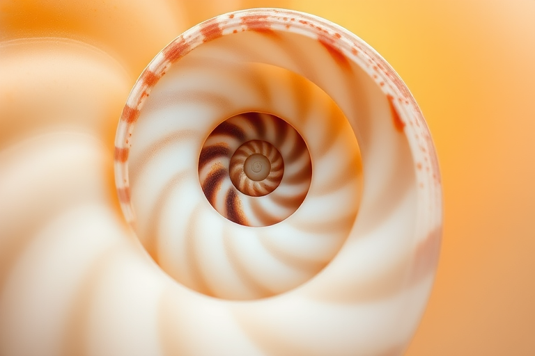 create a high-resolution image of a nautilus shell with smooth gradients, detailed spiral patterns, soft lighting, shot with a Canon EOS 5D Mark IV, f/8 aperture, 50mm lens, in a macro photography style, using natural light to enhance colors and texture