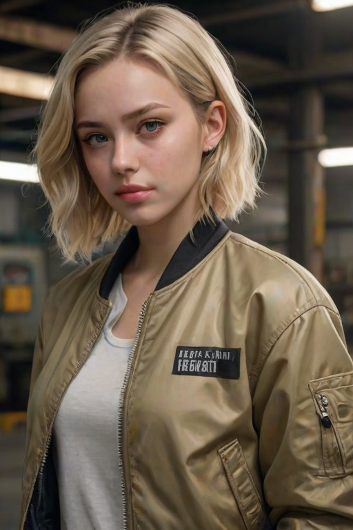 1girl, solo, blonde hair, medium hair, Cropped Bomber Jacket, refinery, masterpiece, best quality, highly detailed, score_9, score_8_up, score_8, semi-realistic, photorealistic