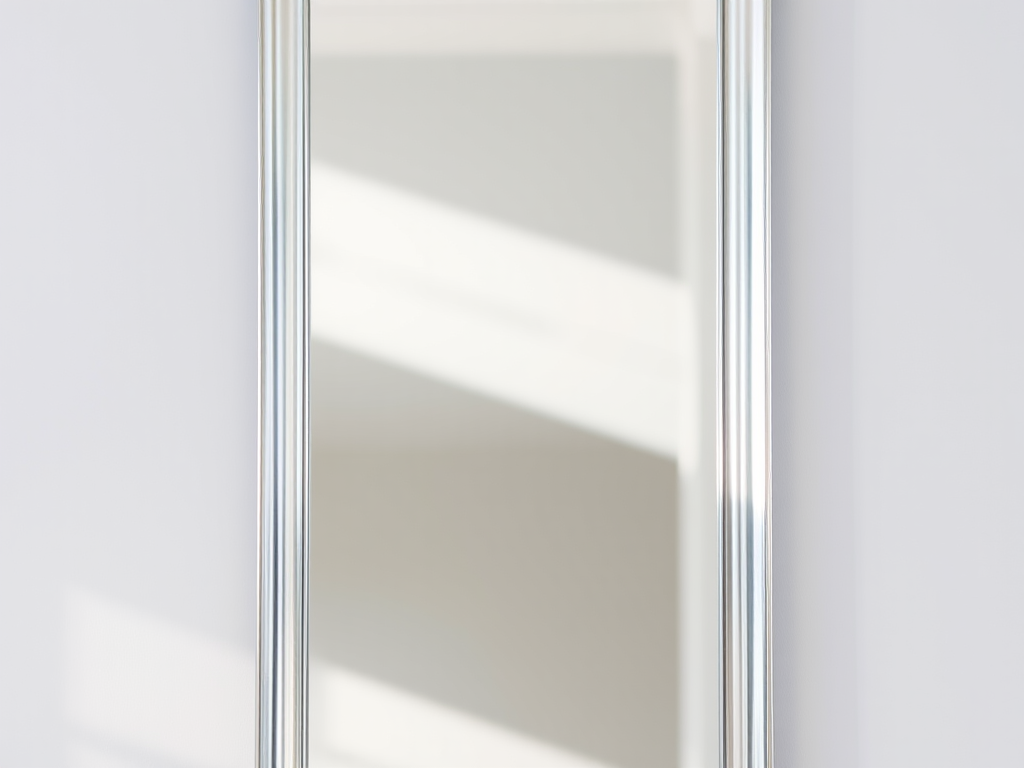 Create a high-quality image of a tall, sleek, modern mirror with a shiny silver frame reflecting subtle ambient light, captured with a DSLR camera at f/2.8, ISO 100, shutter speed 1/50s, in a portrait orientation, with natural soft lighting for an elegant appearance.