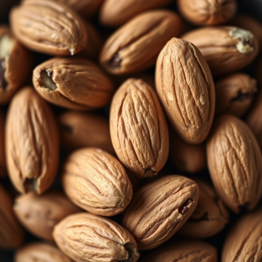 Close-up shot of a bowl of almonds with a shallow depth of field, camera settings: f/2.8 aperture, 1/125 sec shutter speed, ISO 100, camera view: top-down perspective, camera style: macro photography, camera type: digital DSLR.
