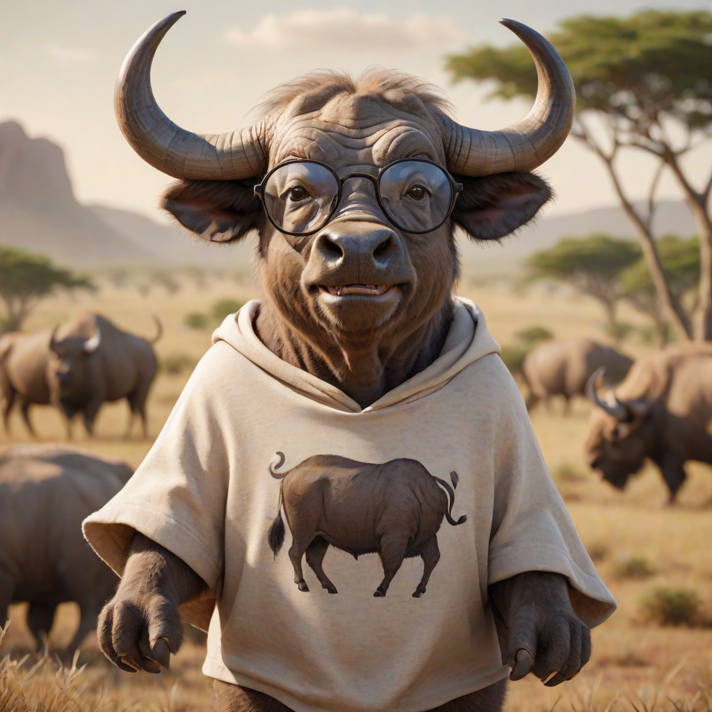 Hyperrealistic 3D render of a smiling cartoon Cape Buffalo wearing glasses and a beige t-shirt with a smaller buffalo image printed on it, missing some teeth, set against a blurred African savanna background, detailed fur, 8k resolution, octane render, artstation trending.
