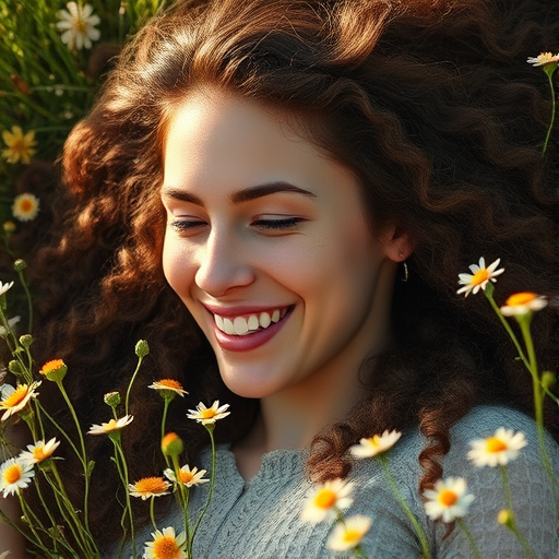 Create a highly detailed portrait of a smiling woman with long, curly hair lying in a field of wildflowers, using a Canon EOS R5 with a 50mm f/1.2 lens, aperture set to f/2.8, ISO 100, at a slight downward angle with soft, natural lighting to enhance colors and textures.