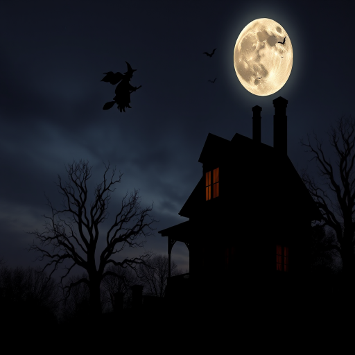 Create a spooky Halloween scene featuring a haunted house silhouetted against a full moon with a witch flying on a broomstick, include a dark tree and bats in the background, use a DSLR camera with a 24mm lens, aperture f/8, ISO 100, and a long exposure of 15 seconds for enhanced detail and depth.