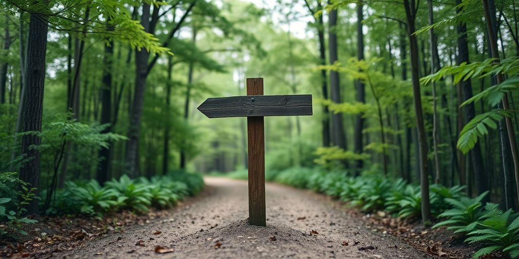 Create an image of a wooden signpost at a fork in a dirt path surrounded by lush green trees in a forest setting, using a DSLR camera with a 50mm lens, aperture set to f/2.8 for a shallow depth of field, ISO 100 for high image clarity, and a soft warm daylight ambiance for enhanced colors and details.