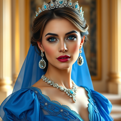 A gorgeous Georgian woman in a luxurious blue gown, accessorized with a dazzling tiara and statement earrings, her deep blue eyes highlighted by impeccable makeup, poised in a royal setting, photorealistic, 8K quality