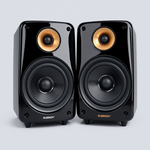 Create a high-resolution image of a pair of sleek black speakers with gold trim positioned in a dynamic angle, using a DSLR camera with a 50mm lens, aperture set to f/1.8, ISO 100, and a softbox lighting setup for even illumination.