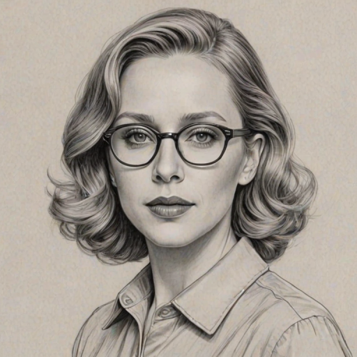 Stunning Vera Farmiga, pencil sketch, portrait of Graceful woman 1945s in glasses, hair style beatnik, outline, clear lines, fine lines, 8k