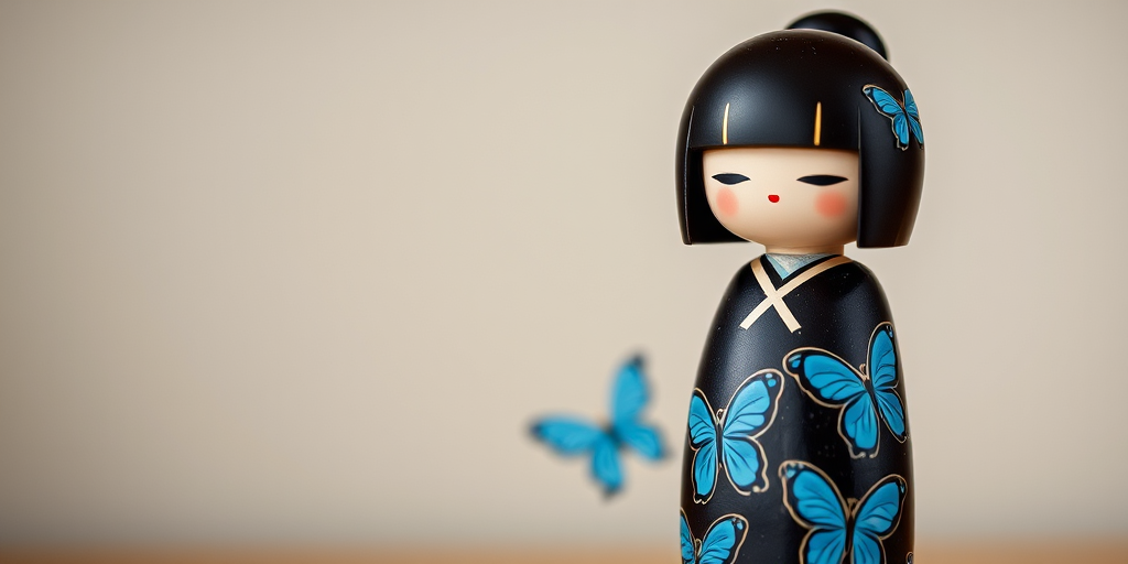 Create a high-resolution image of a traditional Japanese Kokeshi doll with a sleek black dress adorned with blue butterfly designs, using a DSLR camera with a 50mm lens, aperture f/2.8, ISO 100, natural light, and a shallow depth of field for enhanced detail and vibrancy.