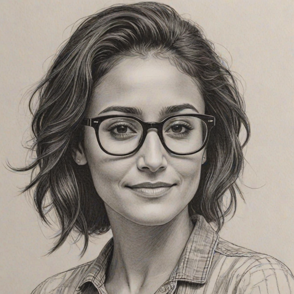 Gorgeous Emmanuelle Chriqui, pencil sketch, portrait of Gorgeous woman 1951s in glasses, hair style beatnik, outline, clear lines, fine lines, 8k