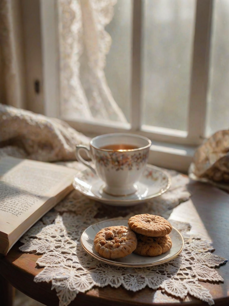 Close-up of a delicate teacup on a lace doily, soft afternoon light streaming through the window, with a plate of cookies and a well-worn book scattered on a cozy armchair in the background.