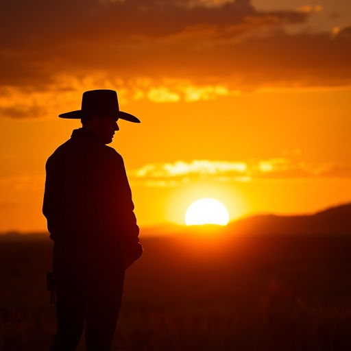 cowboy silhouette against a sunset, western landscape, lens aperture f/2.8, shutter speed 1/1000 sec, ISO 200, shot with a DSLR camera, golden hour lighting, low angle view, cinematic style