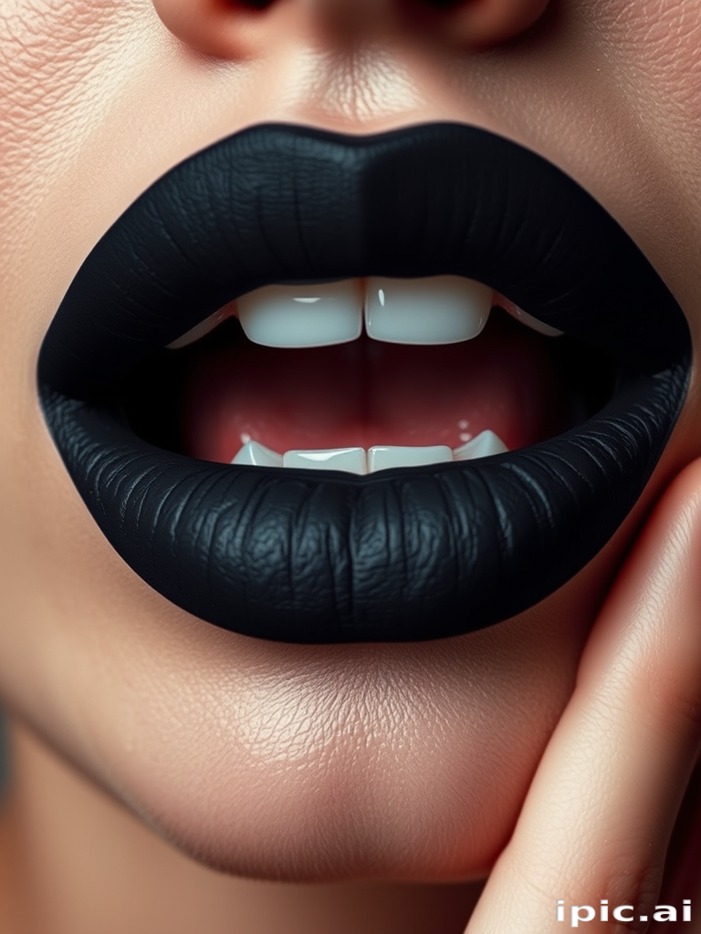 Striking visual of matte charcoal lips with a smoky finish, emphasizing bold contrast and edgy appeal in monochromatic tones