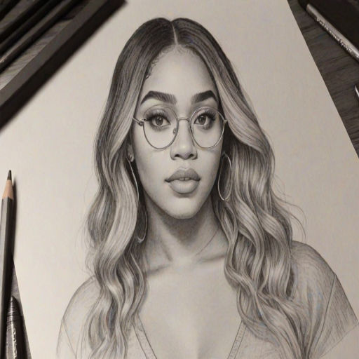 Enchanting Jordyn Woods, pencil sketch, portrait of Stunning woman 1923s in glasses, hair style beatnik, outline, clear lines, fine lines, 8k
