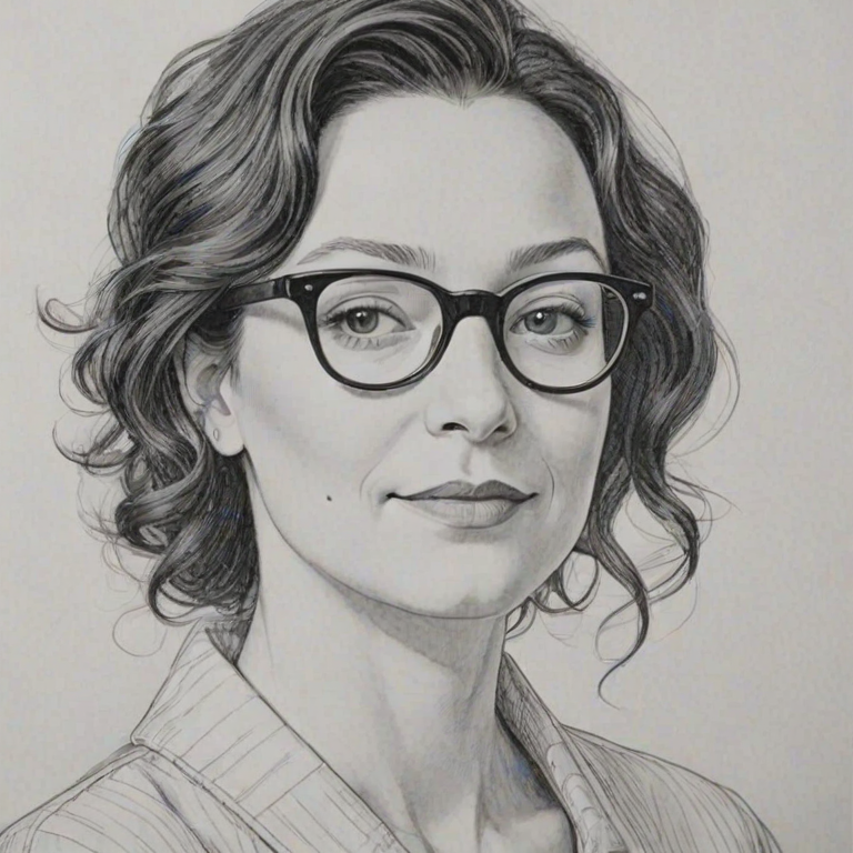 Elegant Sara Gilbert, pencil sketch, portrait of Graceful woman 1955s in glasses, hair style beatnik, outline, clear lines, fine lines, 8k