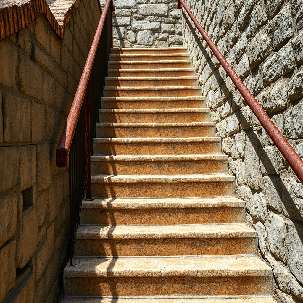 Create a high-resolution image of a worn stone staircase with rusted metal railings, captured in natural light, using a DSLR camera, 24mm lens, aperture f/8, shutter speed 1/125s, ISO 100, straight-on view to emphasize depth and texture.