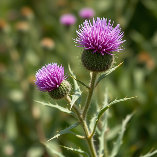 Create a detailed botanical illustration of a thistle plant with vibrant purple flowers, captured in natural daylight with a shallow depth of field, using a Canon EOS R5, 50mm lens, aperture f/2.8, ISO 100, and 1/200 sec shutter speed to enhance color saturation and sharpness.