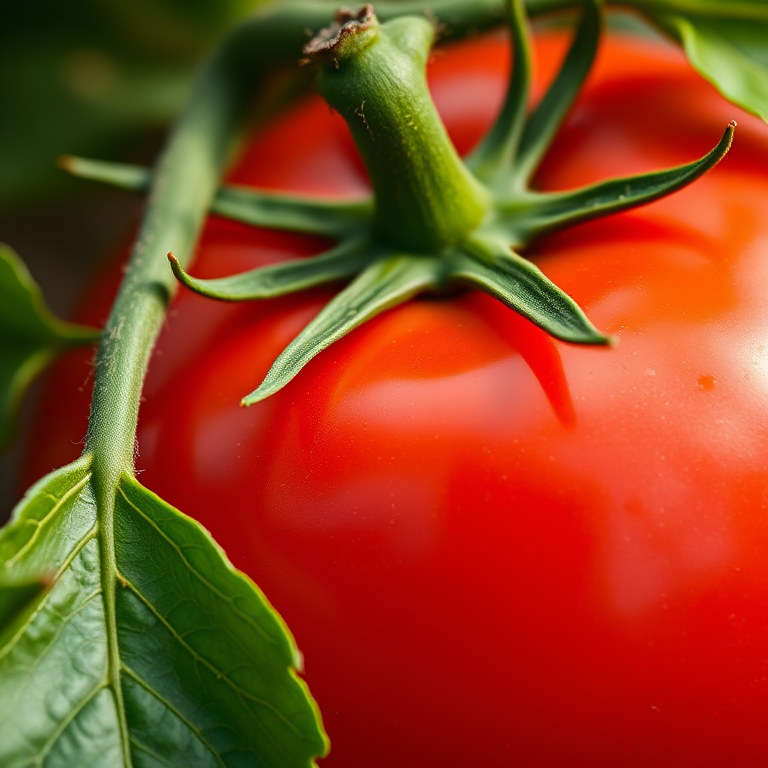 Create a hyper-realistic close-up image of a shiny red tomato with vivid green leaves, using a DSLR camera with a 50mm lens, aperture f/2.8, ISO 100, and natural light.