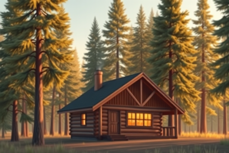 Generate a detailed illustration of a rustic log cabin surrounded by tall, lush pine trees, captured in a warm, golden hour light, using a DSLR camera with an aperture of f/8, ISO 100, 50mm lens, with a slight depth of field to emphasize the cabin in the foreground.